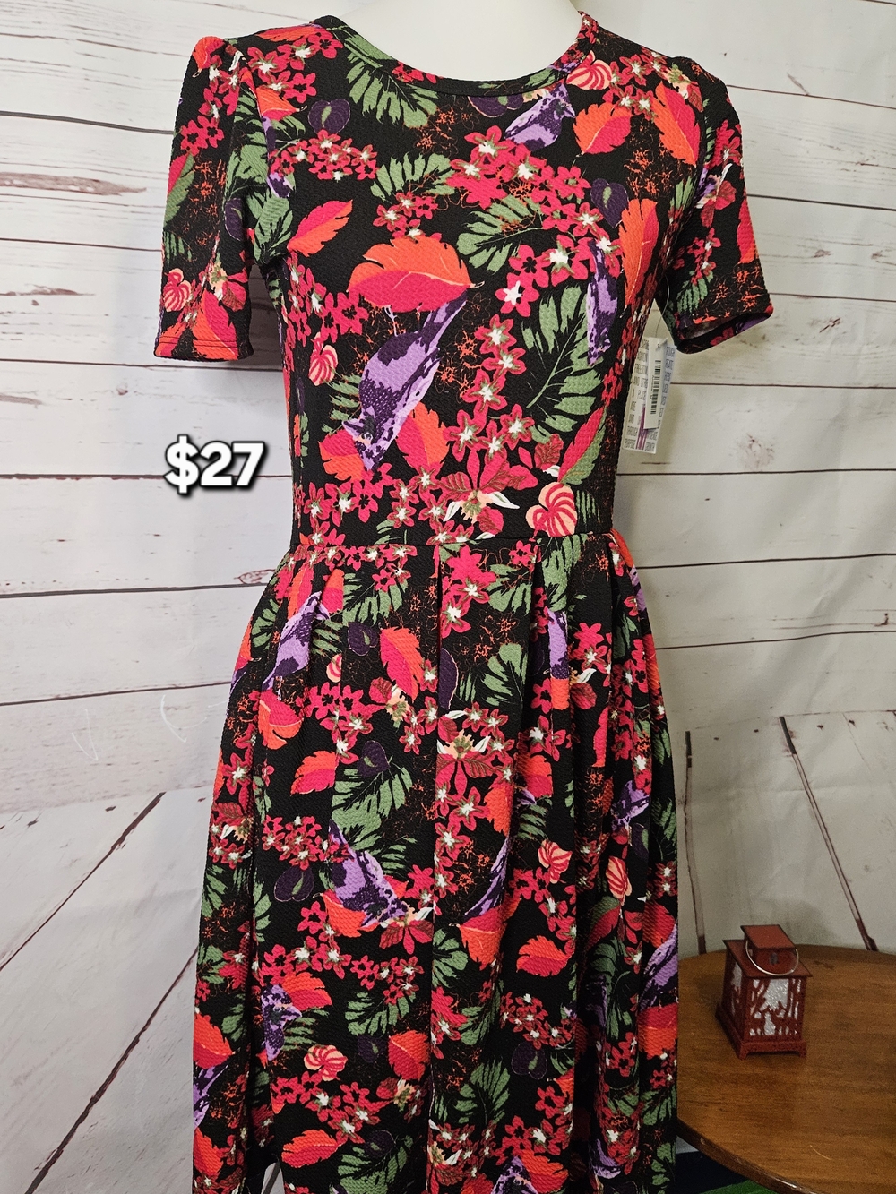 LuLaRoe Black Midi Dress with Pink, Red, Green & Purple Floral Print